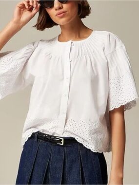 J.Crew Jolie Eyelet Top White NWOT Button Front Flutter Sleeve Scallop Hem